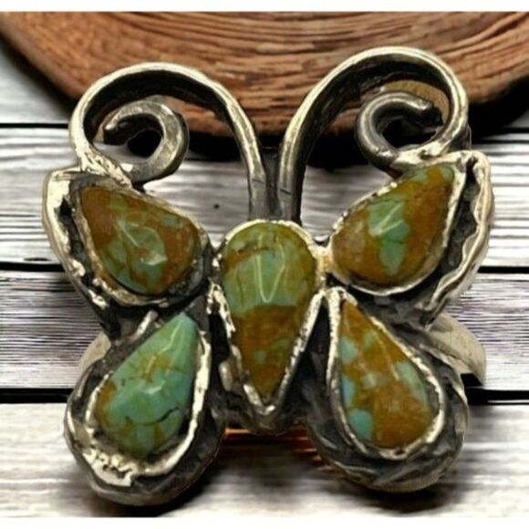 Vintage Navajo Inlaid Turquoise Butterfly Southwestern Sterling Ring Sz 7.5 - Picture 1 of 5